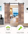 Heavy Duty 20x84 Inch Unfinished Solid Wood Barn Door With 5 Foot Sliding Hardware Kit Plus Pre Cut Pre Drilled Spruce Panels showcased in a modern living room.