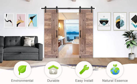Heavy Duty 20x84 Inch Unfinished Solid Wood Barn Door With 5 Foot Sliding Hardware Kit Plus Pre Cut Pre Drilled Spruce Panels showcased in a modern living room.