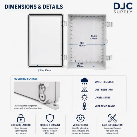 Outdoor IP67 Waterproof Electrical Junction Box Built For The Elements With Large ABS Enclosure, Hinged Clear Cover, Dimensions Chart