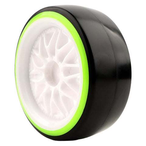 One Tenth Scale On Road RC Drift Tires And Wheels Ready To Drift Set With 12mm Hex Hub, black and white tire with green rim