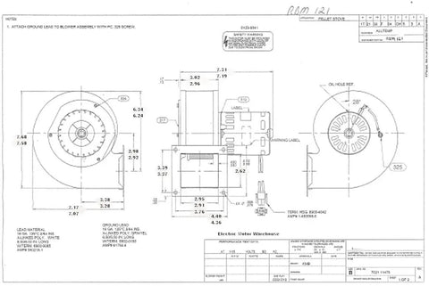 Whitfield Stove Blower Replacement Rotom 0.0286 HP 3000 RPM 115 Volt HB RBM121 technical diagram with measurements