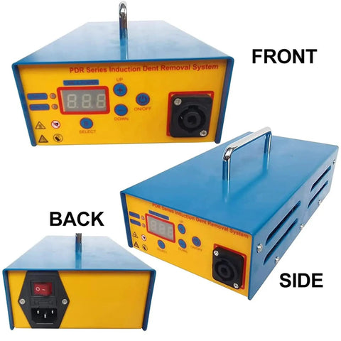 Paintless Dent Repair Kit With Induction Heater Hotbox blue unit with digital display and controls, front, side, back views