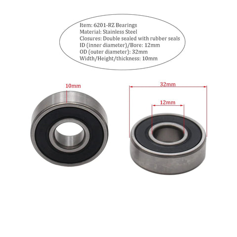 Two 6201-RZ stainless steel bearings with rubber seals; bore 12mm, outer diameter 32mm, width 10mm.