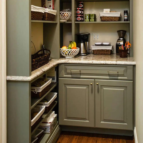 Kitchen pantry with Five Inch Center To Center Warm Champagne Bronze Modern Cabinet Pulls in Brushed Zinc Alloy on green cabinets.