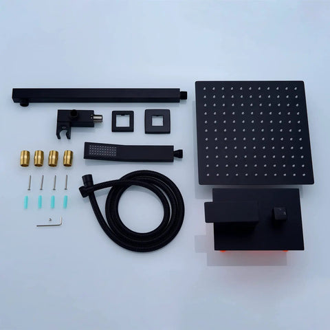 Components of Matte Black Shower Faucet Set With 10 Inch Rainfall Shower Head, Wall Mounted Fixtures With Valve And Trim Kit