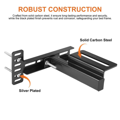 Heavy Duty Adjustable Headboard Bracket Kit In Sleek Black Metal Wall Mounting Hardware, showcasing solid carbon steel construction.