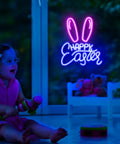 Easter Bunny Ears Neon Sign LED Light USB Powered Wall Decor glowing in background with child playing in living room.