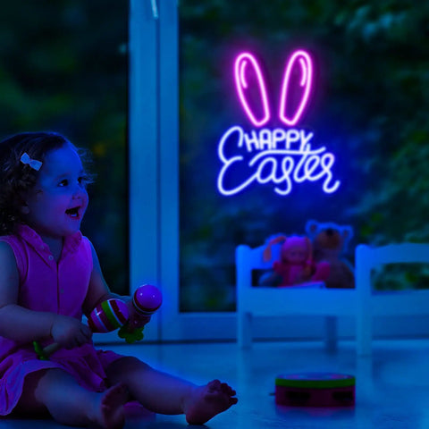 Easter Bunny Ears Neon Sign LED Light USB Powered Wall Decor glowing in background with child playing in living room.
