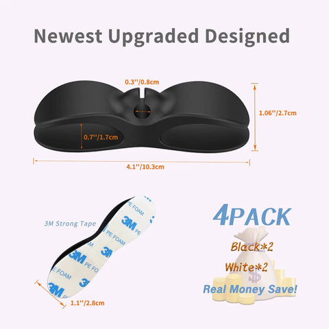 Four Pack Cord Organizer For Appliances And Kitchen Cords with 3M adhesive, black design with measurements shown.