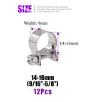 Close-up of a 14-16mm stainless steel hose clamp with size dimensions, part of the 12Pcs 14mm-16mm 304 Stainless Steel Mini Fuel Injection Line Style Hose Clamp Set For Autos, Farming Rigs, Plant Setups, And Construction Gigs - Adjustable, Reusable, Easy To Use Screw Clamp.