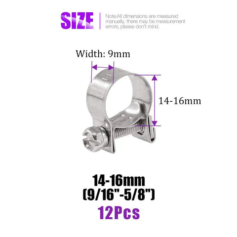 Close-up of a 14-16mm stainless steel hose clamp with size dimensions, part of the 12Pcs 14mm-16mm 304 Stainless Steel Mini Fuel Injection Line Style Hose Clamp Set For Autos, Farming Rigs, Plant Setups, And Construction Gigs - Adjustable, Reusable, Easy To Use Screw Clamp.
