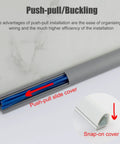 Sturdy Pvc Cord Raceway Floor Wall Wire Management Channel Waterproof Tread Resistant Slick Cable Cover For Desk Tv Monitor Phone No Sweat Straight Up Setup For Home Or Office with push-pull slide cover and wires.