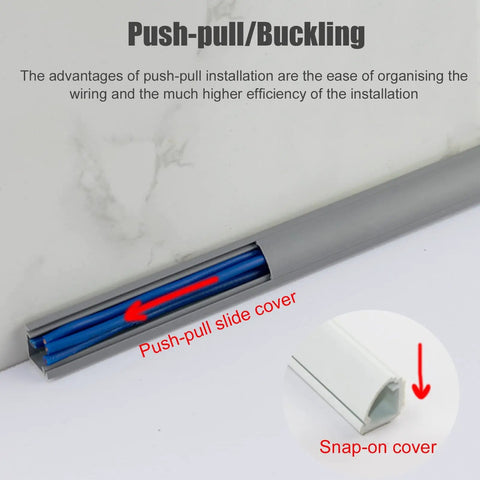 Sturdy Pvc Cord Raceway Floor Wall Wire Management Channel Waterproof Tread Resistant Slick Cable Cover For Desk Tv Monitor Phone No Sweat Straight Up Setup For Home Or Office with push-pull slide cover and wires.