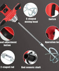 Components of 2100W Workhorse Portable Concrete Mixer For Mud Plaster Mixing 6 Speed Handheld Mortar Grout Mixer With Gloves Pro Grade