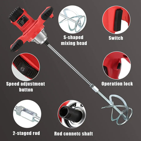 Components of 2100W Workhorse Portable Concrete Mixer For Mud Plaster Mixing 6 Speed Handheld Mortar Grout Mixer With Gloves Pro Grade