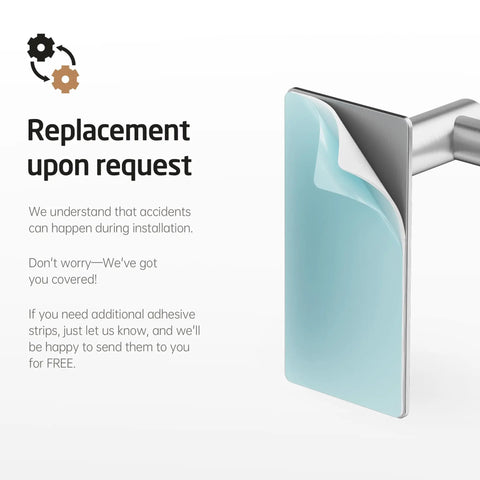 No Drill Adhesive Towel Bar 22 Inch Wall Mount adhesive back side and replacement information displayed.