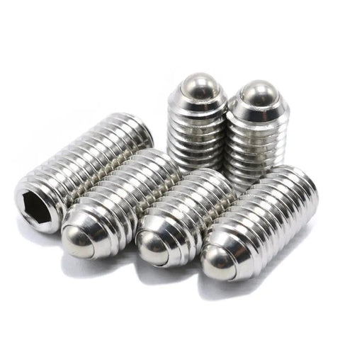 Stainless Steel Ball Point Set Screws Kit With Hex Socket Drive And Spring Plunger, several screws displayed close-up.