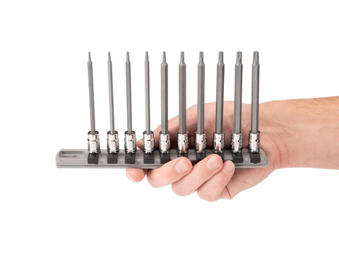 One Quarter Inch Drive Long Torx Bit Socket Set With Rail 10 Piece T6 Through T30 Pro Grade Heavy Duty Long Reach Bits in hand