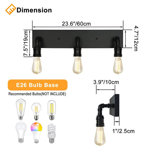 Industrial Farmhouse Vanity Light With Three Lights Water Pipe Wall Sconce dimensions and bulb compatibility guide.