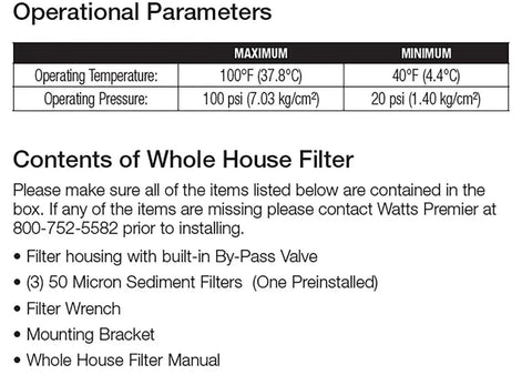 Label listing operational parameters and contents of Whole House Water Filtration Kit With Built In Bypass Valve.