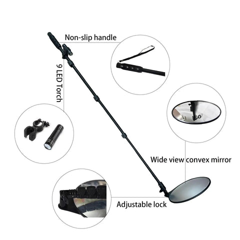 8 Inch Under Vehicle Inspection Mirror With LED Light 180 Degree Adjustable Convex Mirror Telescoping Handle Wide 200mm HD View For Cars Trucks Machinery And Tight Hard To See Areas, 9 LED torch, non-slip handle