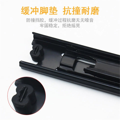 Close-up of Silent 3-Section Ball Bearing Drawer Slides Set in black, showing the cold rolled steel track and soft close mechanism.