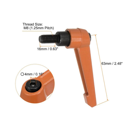 Orange Adjustable Clamping Lever Handles Set For Quick Release And Locking M8 x 16mm Male Thread 63mm Lever Aluminum