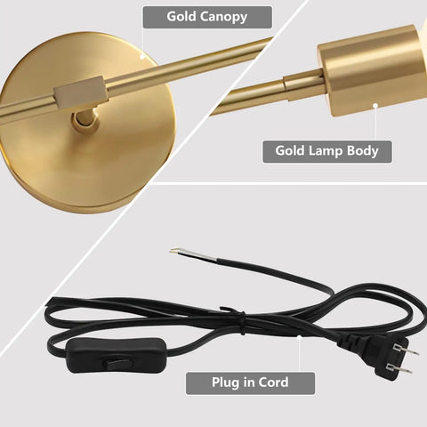 Gold Plug In Wall Sconce Two Light Bathroom Vanity Light Brass Wall Reading Light Retro Vibe Mid Century Modern Style components
