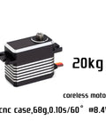 Heavy Hitter 20 kg cm Torque RC Servo With Coreless Motor At 8.4 V with CNC case, 68g, and 0.10s speed for off-road use.