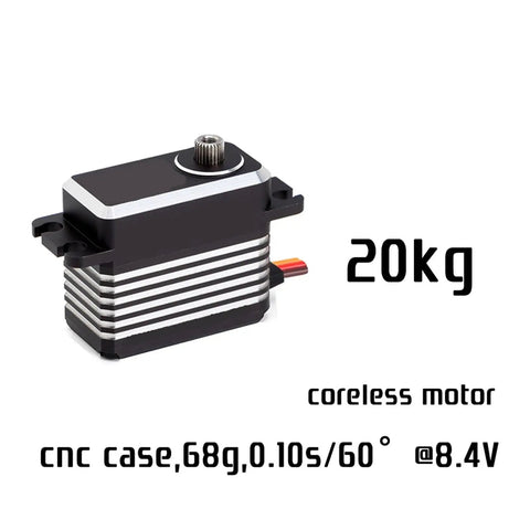 Heavy Hitter 20 kg cm Torque RC Servo With Coreless Motor At 8.4 V with CNC case, 68g, and 0.10s speed for off-road use.