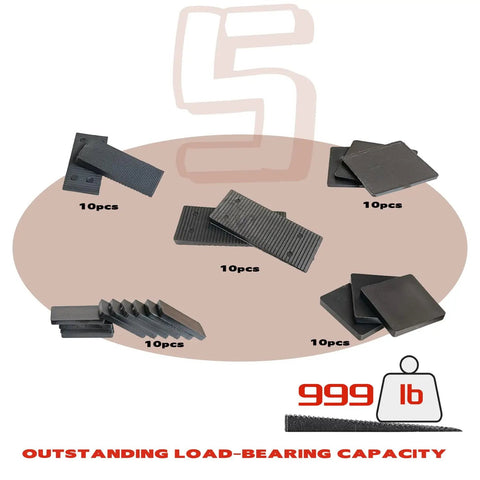 Leveling Small Wedge Set For Furniture, hard plastic fittings, 50 pieces shown with 999 lb load capacity, ideal for doors and floors.