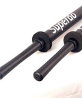 Close-up of Foam Sword Practice Set, Double Pack Black 35.5 Inch Swords With Plastic Handles on white background.