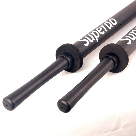 Close-up of Foam Sword Practice Set, Double Pack Black 35.5 Inch Swords With Plastic Handles on white background.