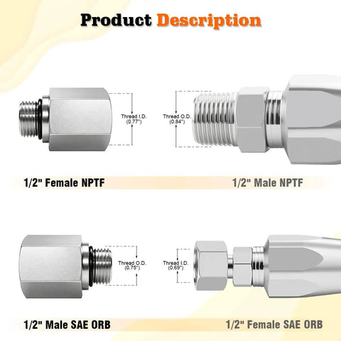 Solid Rig Ready Straight Hydraulic Hose Adapter Connector Bridging One Half Inch Orb Male To Nptf Female Port With O Ring Boss Seal For Diesel Fuel And Cooling Lines Crafted From Forged Steel For No Sweat Operation Daily showing detailed threads of 1/2" NPTF and SAE ORB fittings.