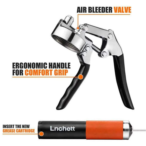 Lnchett grease gun with orange grip and black cartridge, front view; shows quick-release coupler.