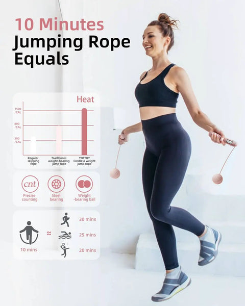 Woman using Cordless Jump Rope With Counter And LCD Display, 2 In 1 Ropeless Jump Rope With Ball Weighted Design, Tracks Time Jumps And Calories For Women Pink Gym Ready, in gym setting.