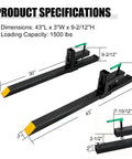 43 Inch Pallet Forks Clamp On for Tractor Bucket 1500 Lb Capacity with product dimensions and specifications.