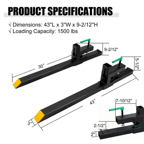 43 Inch Pallet Forks Clamp On for Tractor Bucket 1500 Lb Capacity with product dimensions and specifications.