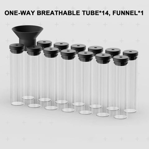14 Piece Single Dose Coffee Bean Storage Tubes With Airtight One Way Valve setup displaying clear tubes and funnel.
