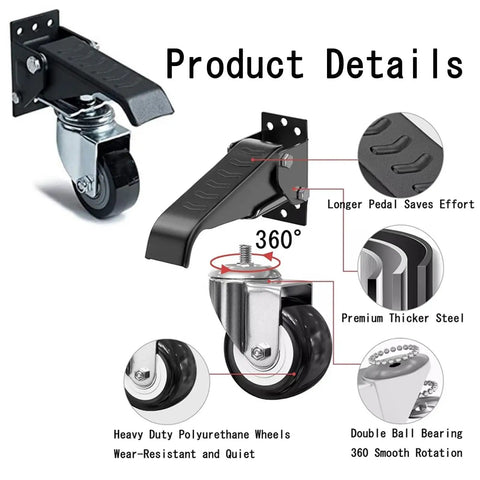 Heavy Duty Pedal Casters, Smooth Rollout Swivel Wheels For Workbenches, 65mm polyurethane wheels with steel bases and foot pedal.