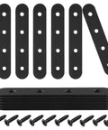 Black metal 12 Pack 4 Inch Straight Brackets Stainless Steel Flat Mending Braces with screws shown in stack and laid out view.