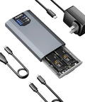 Killer Dual Bay M.2 NVMe RAID Enclosure with cables and power adapter, holding two NVMe drives for high-speed data.