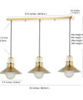 Diagram of 35 Inch Brass Gold Modern Retro Hurricane LED Pendant Light Fixture with adjustable heights and dimensions in inches.