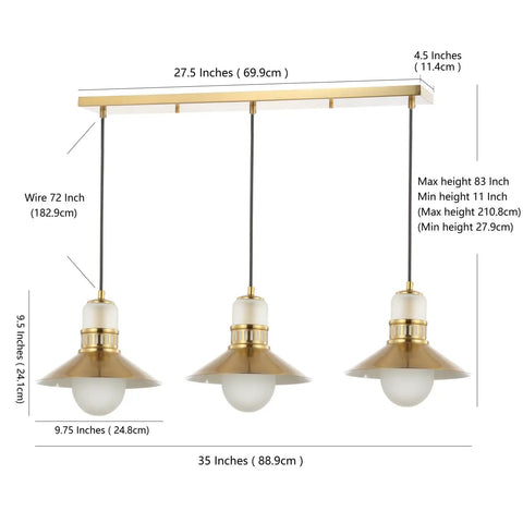 Diagram of 35 Inch Brass Gold Modern Retro Hurricane LED Pendant Light Fixture with adjustable heights and dimensions in inches.