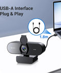 4K Webcam With PDAF Autofocus, Privacy Cover, Dual Mics connected to laptop, showcasing plug and play USB feature, cable length 1.8m