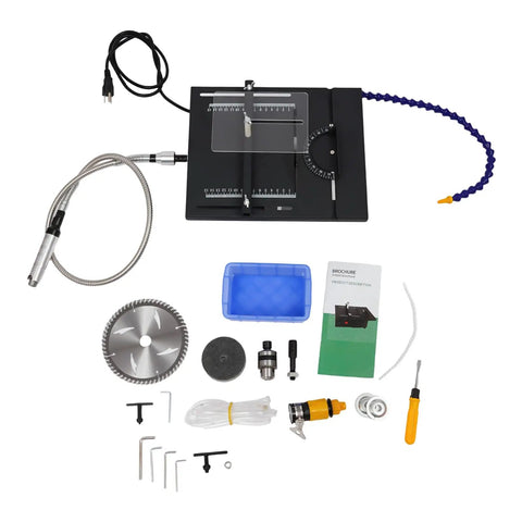 Jade Carving Machine 1850W Table Saw Polisher, 10000RPM Bench Grinder tools and accessories on a workbench.