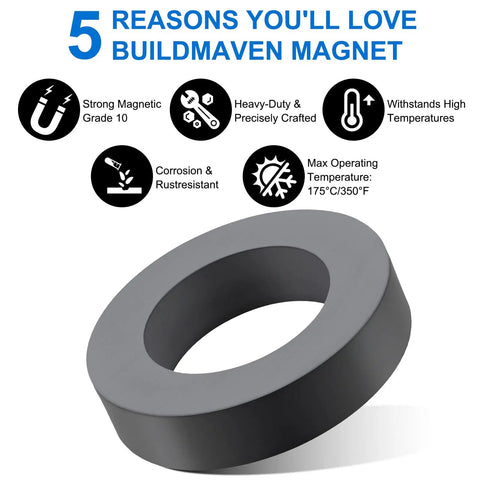 Two Pcs Big Ol Ferrite Ring Magnets Grade 10 For Science Experiments Industrial Educational And DIY Projects 4 Inch Outer Diameter 2.36 Inch Inner Diameter 0.79 Inch Thick shown with features and benefits