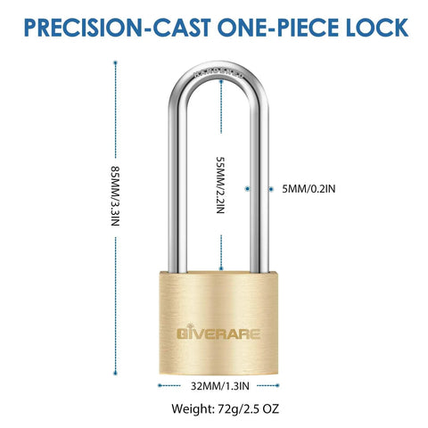 Two Pack Keyed Padlocks With Keys, Extra Long 2-3/8 Inch Shackle, Solid Brass Copper Body, Waterproof Outdoor Lock For Warehouse, Toolbox, Hasp, Gym, Locker, Sheds, Built Tough And Weatherproof. Brass padlock with 85mm shackle