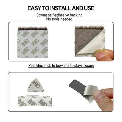 Natural Fur Hair Arrow Rest Set for Longbow and Recurve Bow with self-adhesive backing, easy install, and 2-pack pads shown.