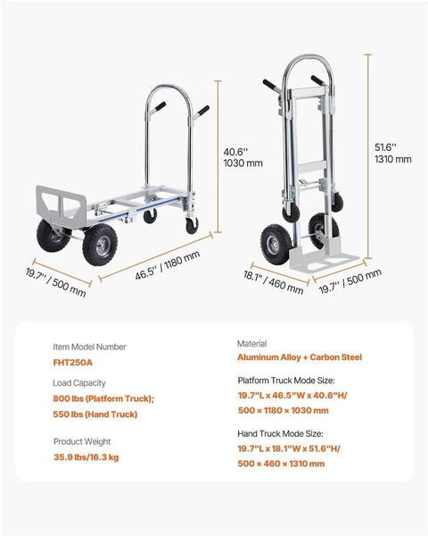 Heavy Duty Aluminum Hand Truck 2 In 1 Folding Dolly With PU Wheels, Boss Level Industrial Cart For Home, Office, And Job Site, 360 Degree Braking Wheels For Smooth, Stable Transport On Any Terrain, aluminum alloy + carbon steel, 800 lbs